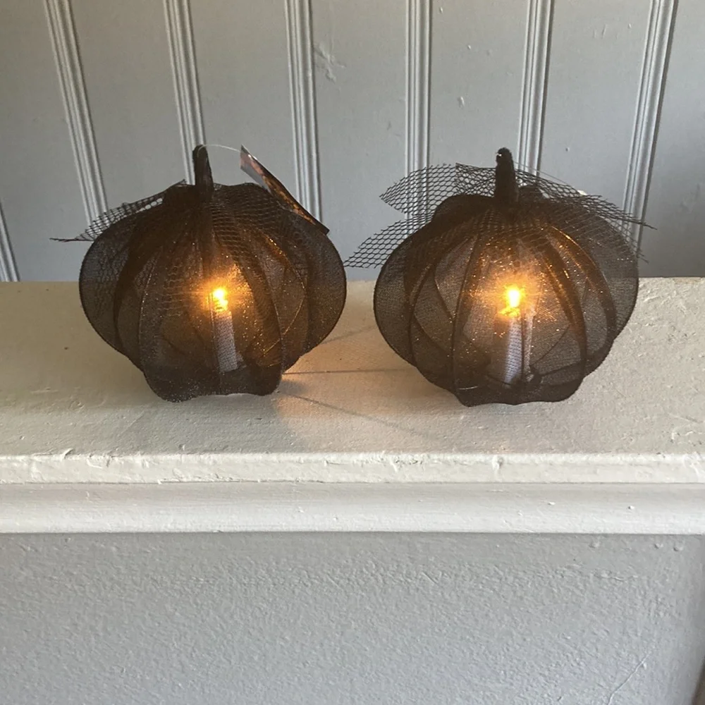 NWT- 2- Elegant Black Lace Covered Light Up LED Halloween Pumpkin Decorations